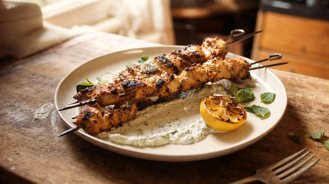 Chargrilled chicken skewers with herby yoghurt and zest chicken salt - Chooki's Zest Chicken Salt recipe