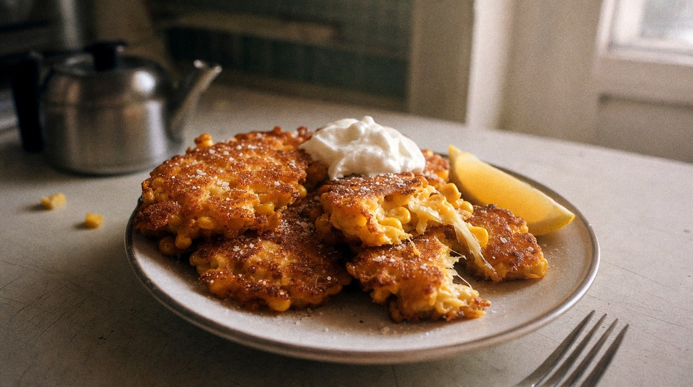 Cheesy corn fritters with lemony sour cream and zest chicken salt - Chooki's Zest Chicken Salt recipe