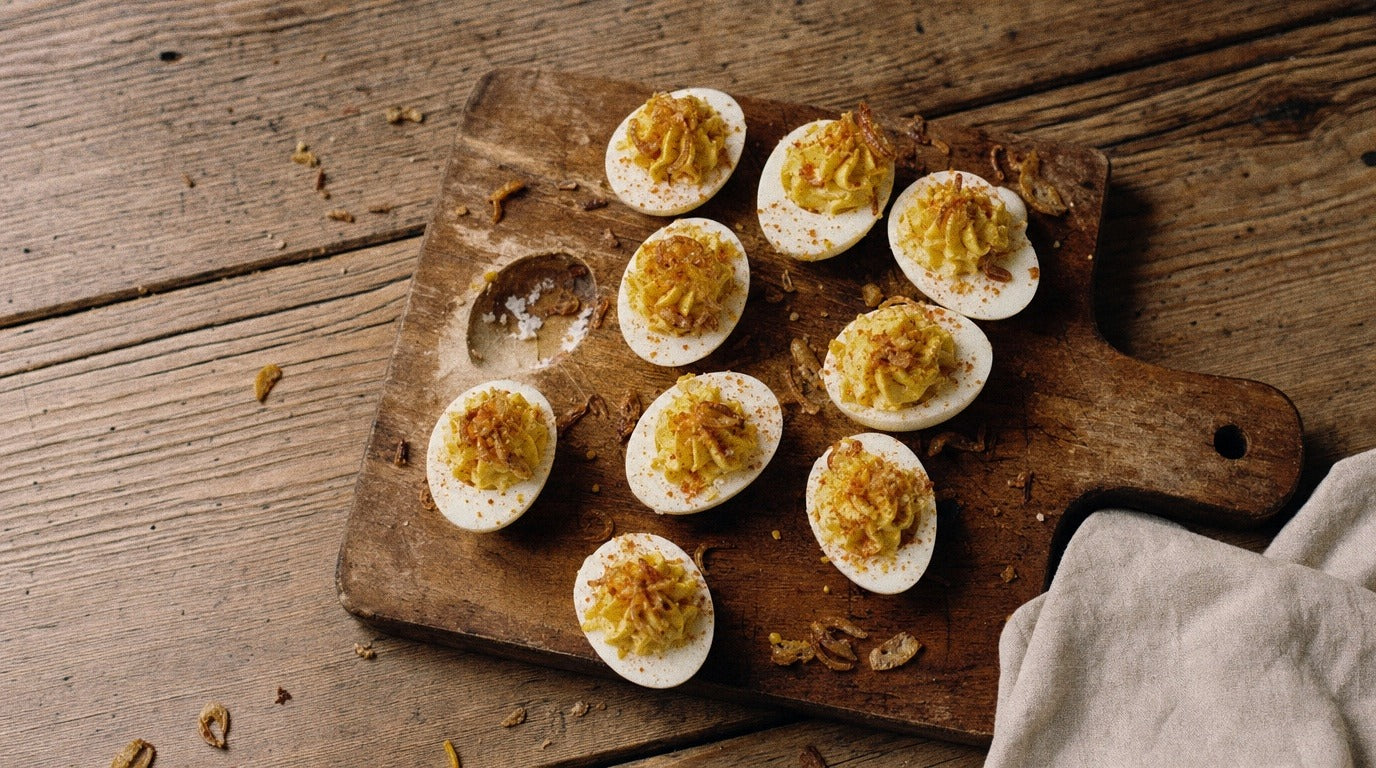 Devilled eggs with piped filling, crispy shallots and original chicken salt - Chooki's Original Chicken Salt party recipe