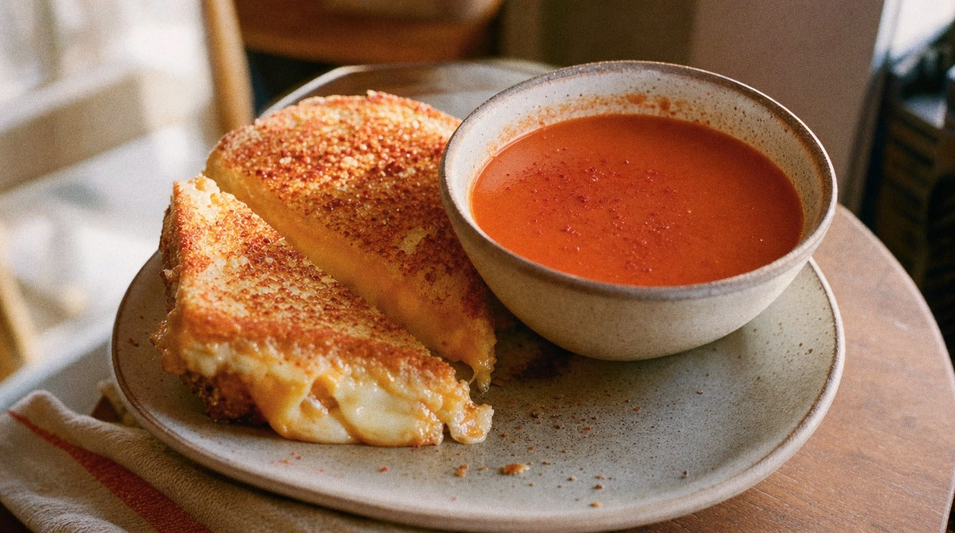 Chilli cheese toasties with tomato soup seasoned with Chooki's Chilli Chicken Salt