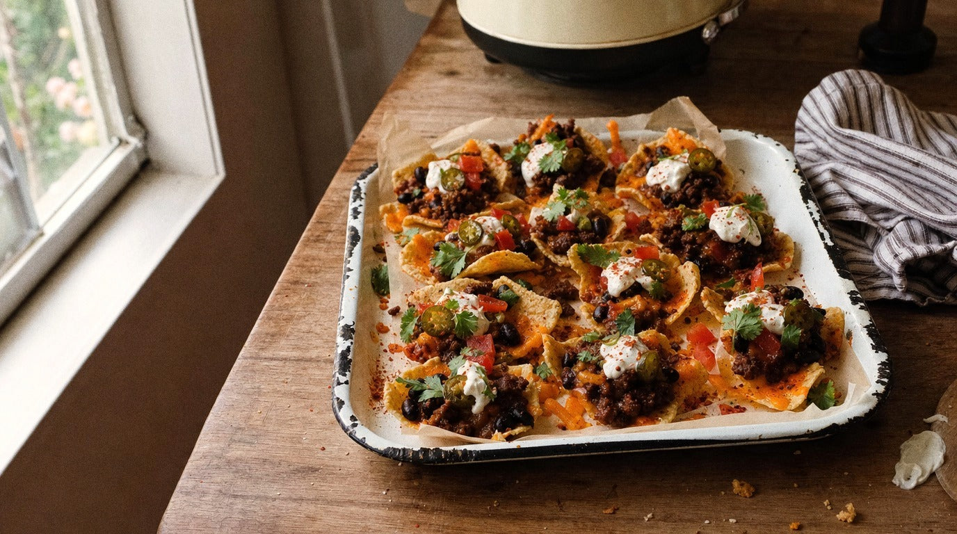 Chilli Salt beef nacho boats with lime sour cream and Chooki's Chilli Chicken Salt on an enamel tray