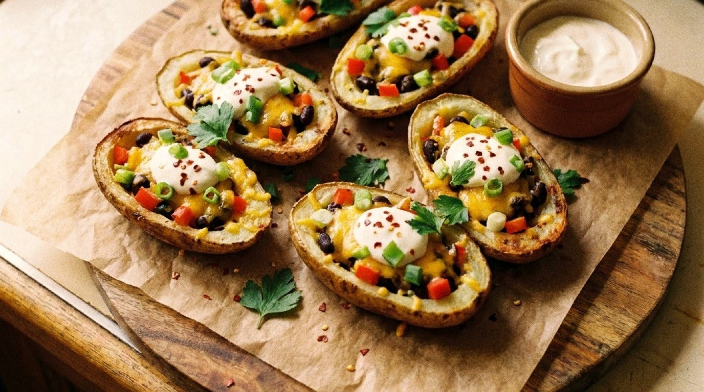 Cheesy potato skin boats seasoned with Chooki's Chilli Chicken Salt on a wooden board