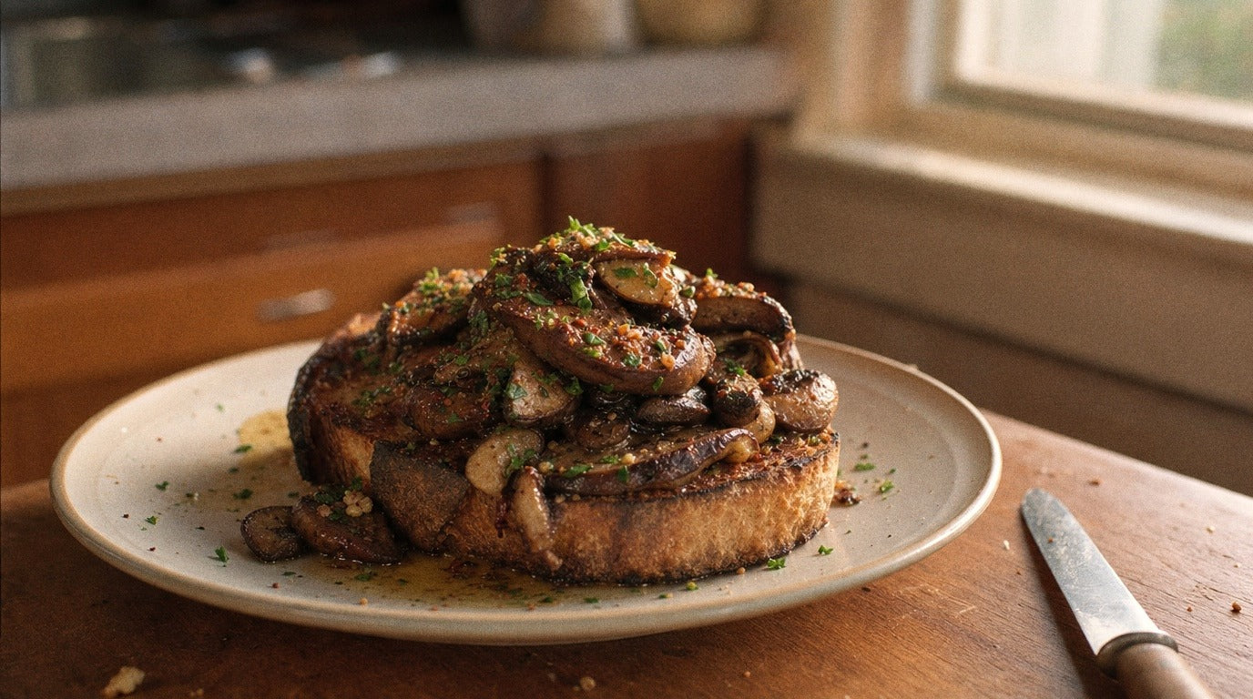 Garlic butter mushrooms with chilli salt on toasted sourdough - Chooki's Chilli Chicken Salt recipe