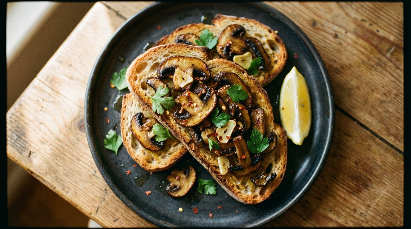 Garlic butter mushrooms with chilli salt piled on toasted sourdough bread on a dark plate