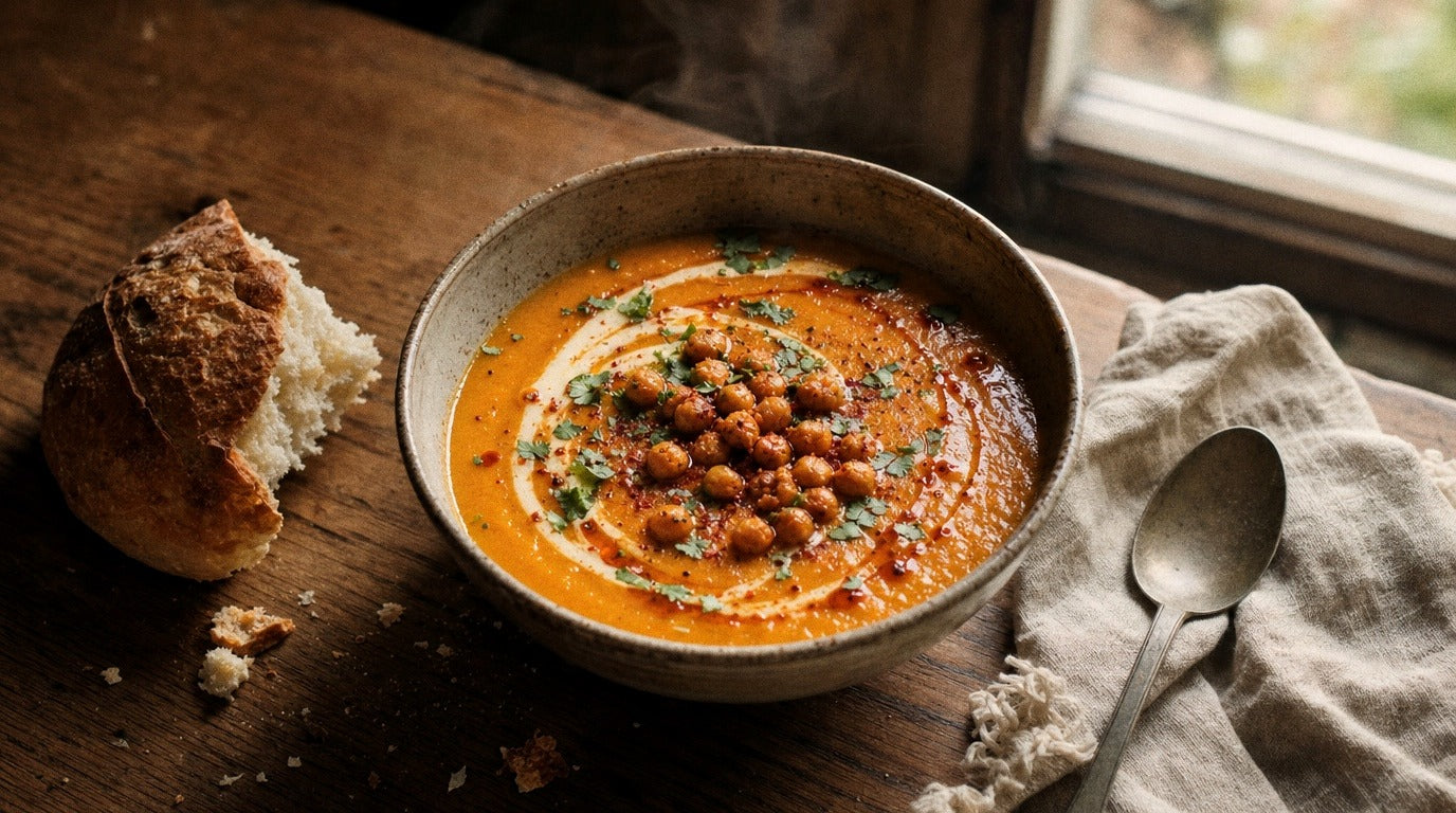 Chilli salt pumpkin soup with crispy chickpeas and cream swirl - Chooki's Chilli Chicken Salt winter recipe