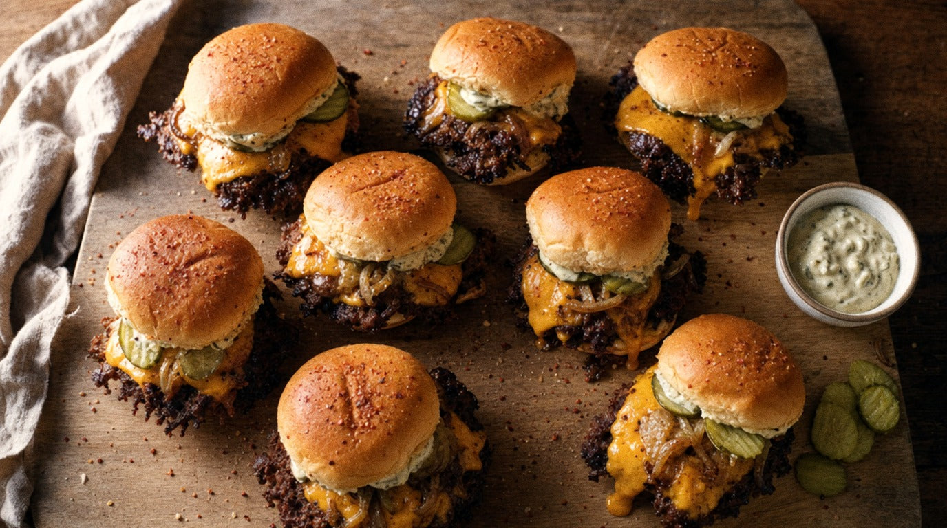 Beef smash sliders with melted cheese, onion and pickle mayo seasoned with Chooki's Chilli Chicken Salt on a rustic wooden board