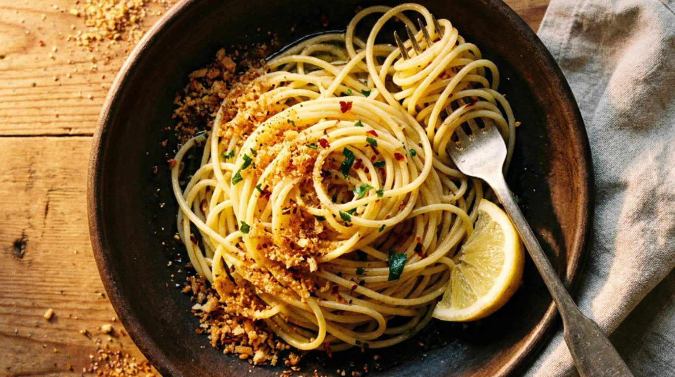 Spaghetti tossed with olive oil and Chooki's Chilli Chicken Salt, topped with crispy golden garlic breadcrumbs in a dark ceramic bowl