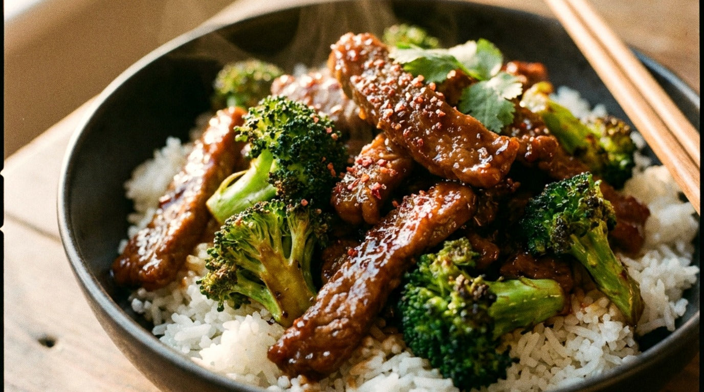 Sticky beef and broccoli stir-fry seasoned with Chooki's Chilli Chicken Salt served over steamed rice in a dark bowl