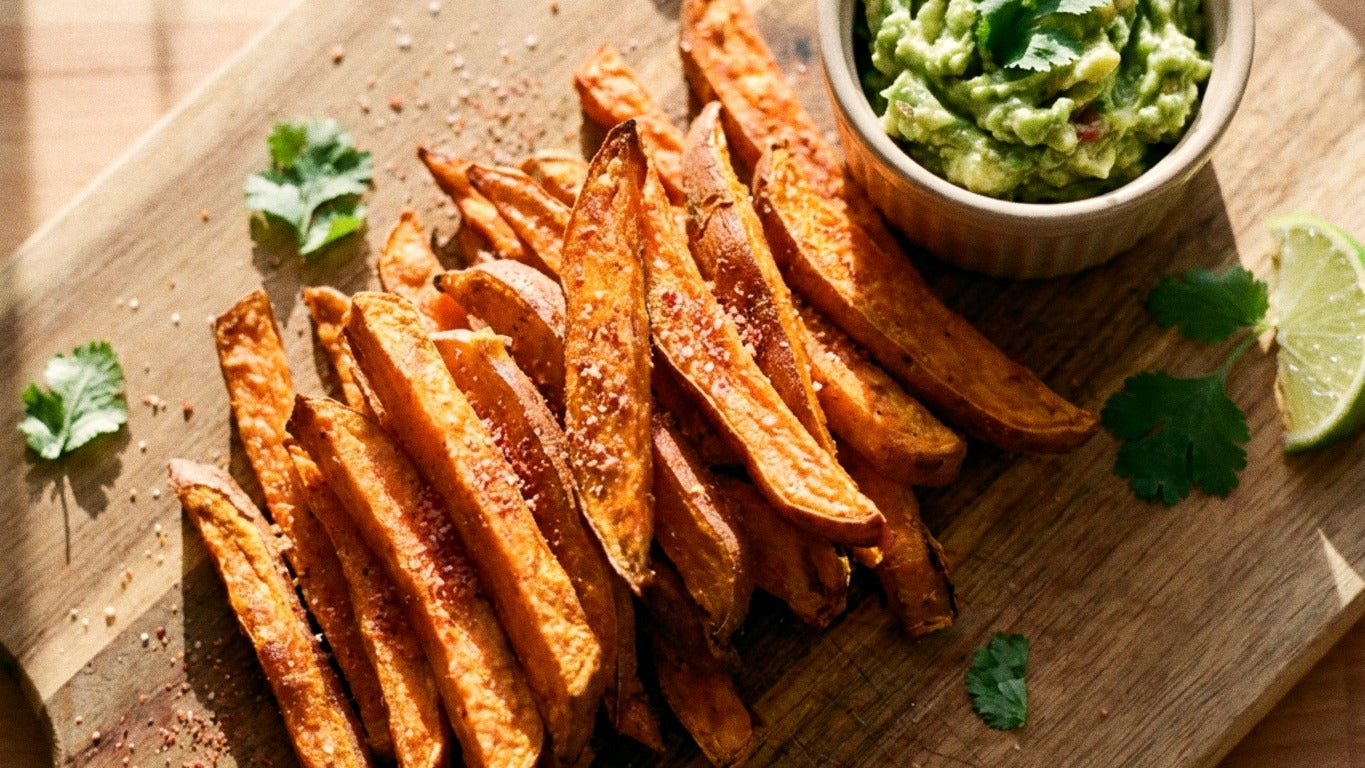Crispy baked sweet potato fries seasoned with Chooki's Chilli Chicken Salt beside a bowl of smashed avocado dip on a wooden board