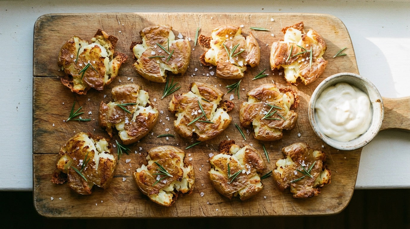 Crispy smashed baby potatoes with rosemary and sea salt seasoned with Chooki's Original Chicken Salt