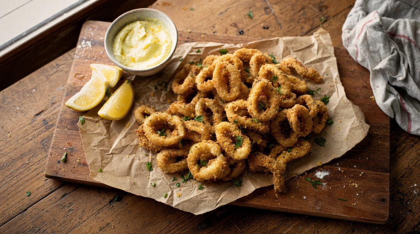 Crispy fried calamari rings with lemon aioli and vinegar chicken salt - Chooki's Vinegar Chicken Salt recipe