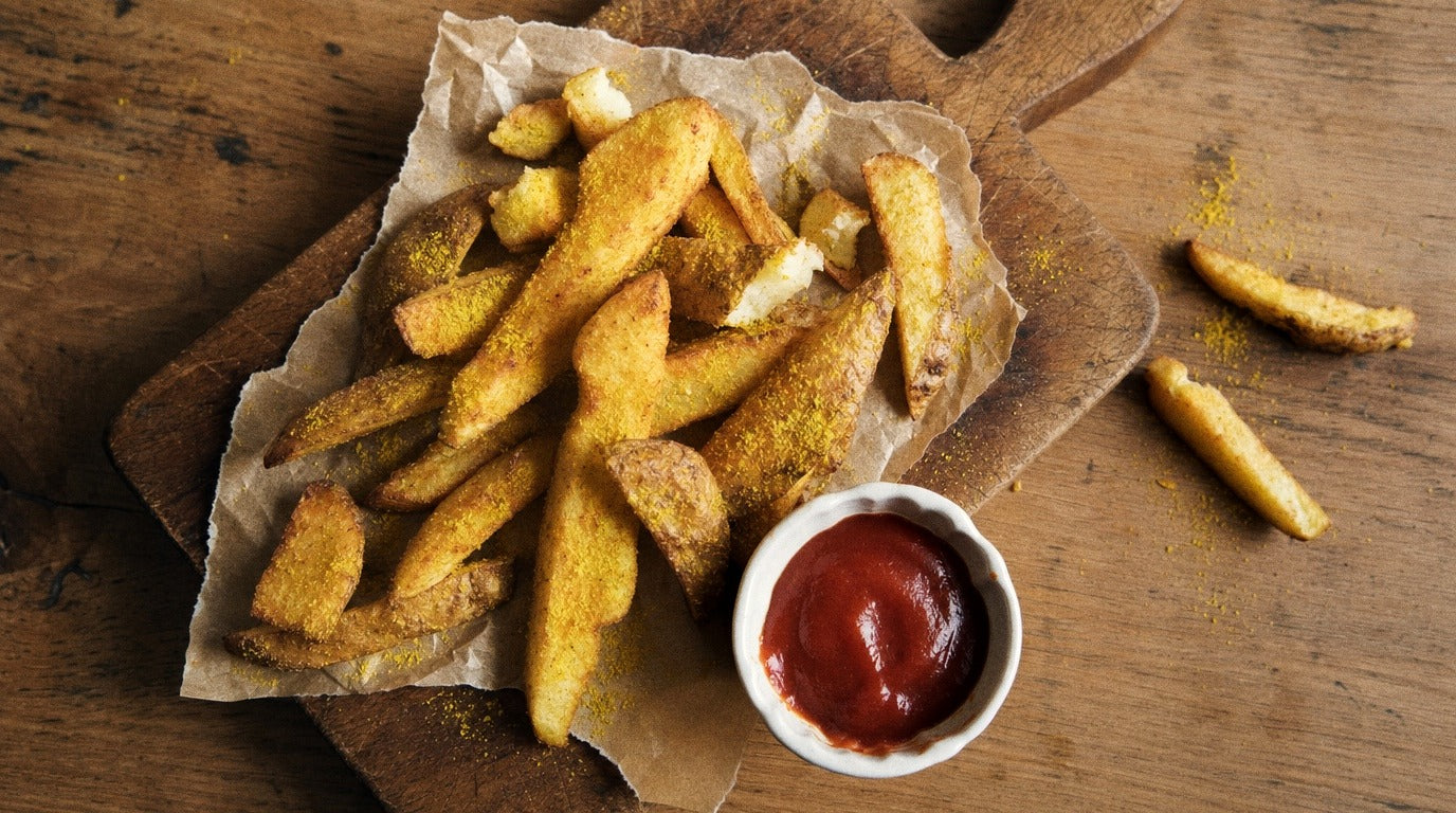 Golden skin-on chips seasoned with original chicken salt on baking paper - Chooki's Original Chicken Salt recipe