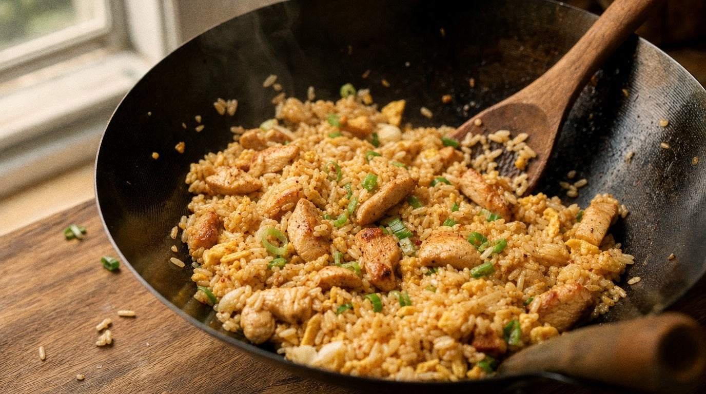 One-wok chilli salt chicken fried rice with egg and spring onion - Chooki's Chilli Chicken Salt recipe