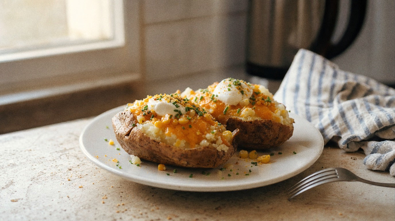 Cheesy jacket potato boats seasoned with Chooki's Original Chicken Salt on a white plate