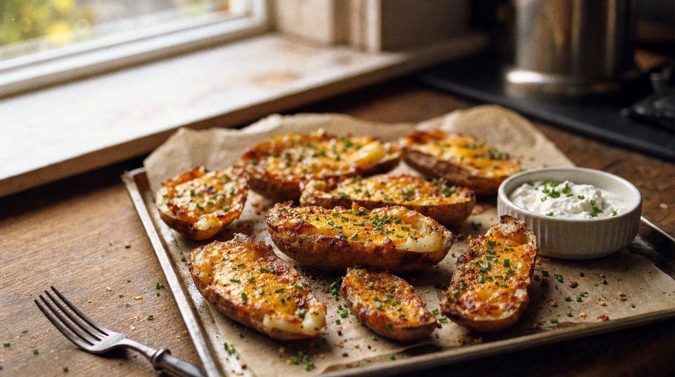 Crispy potato skin dippers seasoned with Chooki's Original Chicken Salt on a baking tray