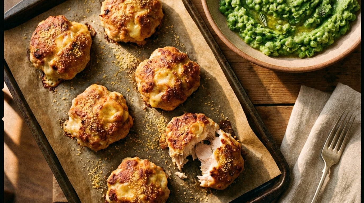 Golden oven-baked cheesy chicken rissoles on a tray with a bowl of buttery smashed peas, seasoned with Chooki's Original Chicken Salt