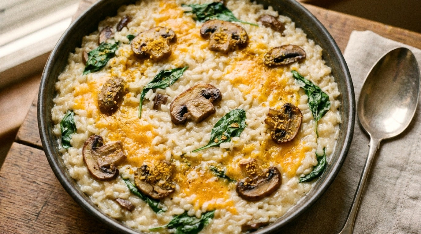 Creamy mushroom rice bake seasoned with Chooki's Original Chicken Salt in a dark ceramic dish