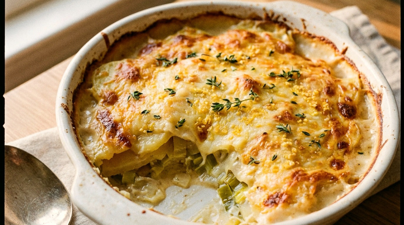 Golden creamy potato and leek bake topped with melted cheese and thyme, seasoned with Chooki's Original Chicken Salt in a rustic baking dish