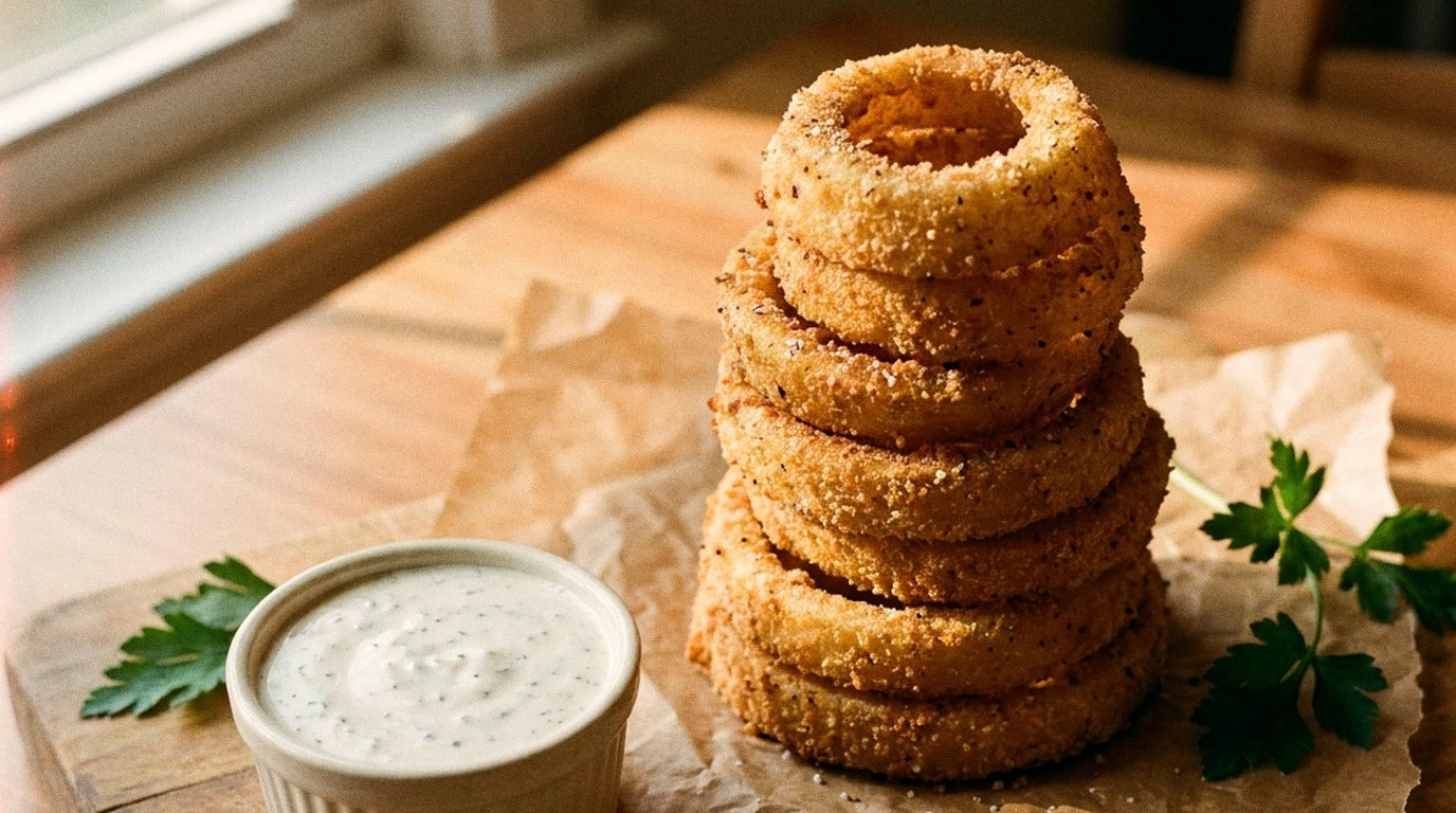 Baked onion rings with ranch dip seasoned with Chooki's Original Chicken Salt on a wooden board