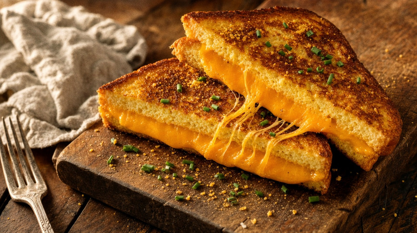 Savoury French toast sandwiches with melted cheddar and Chooki's Original Chicken Salt on a wooden board
