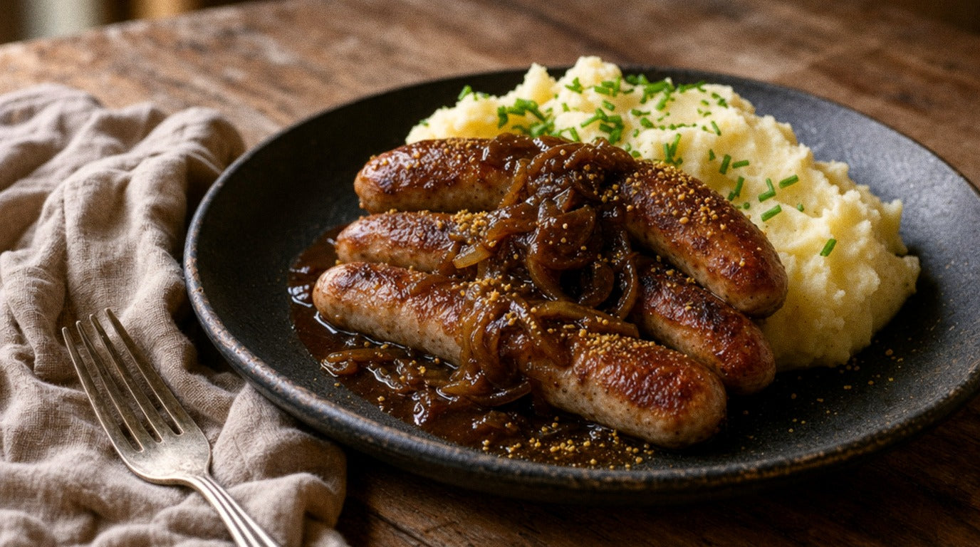 Browned sausages with onion gravy and buttery chive mash seasoned with Chooki's Original Chicken Salt on a dark plate