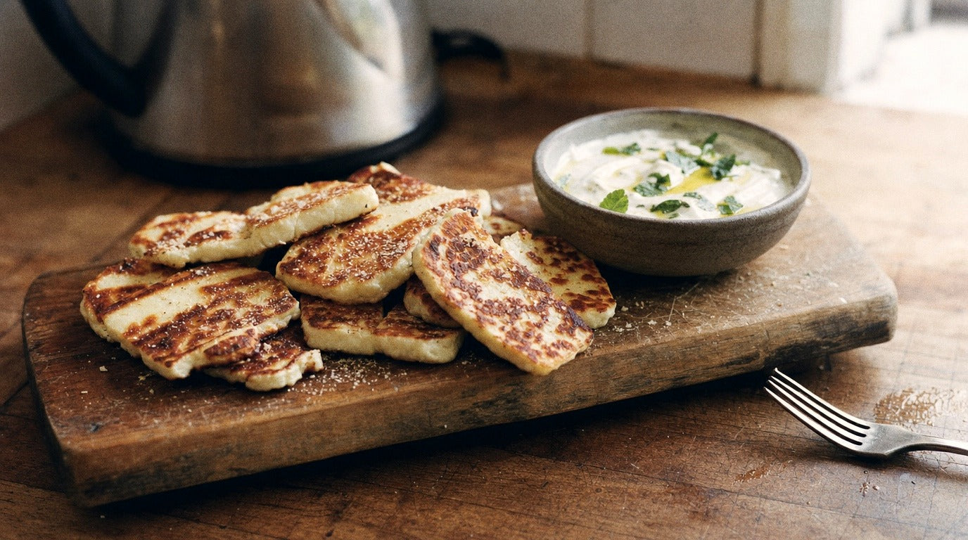 Pan-fried halloumi slabs with golden sear marks and lemon yoghurt dip - Chooki's Zest Chicken Salt recipe