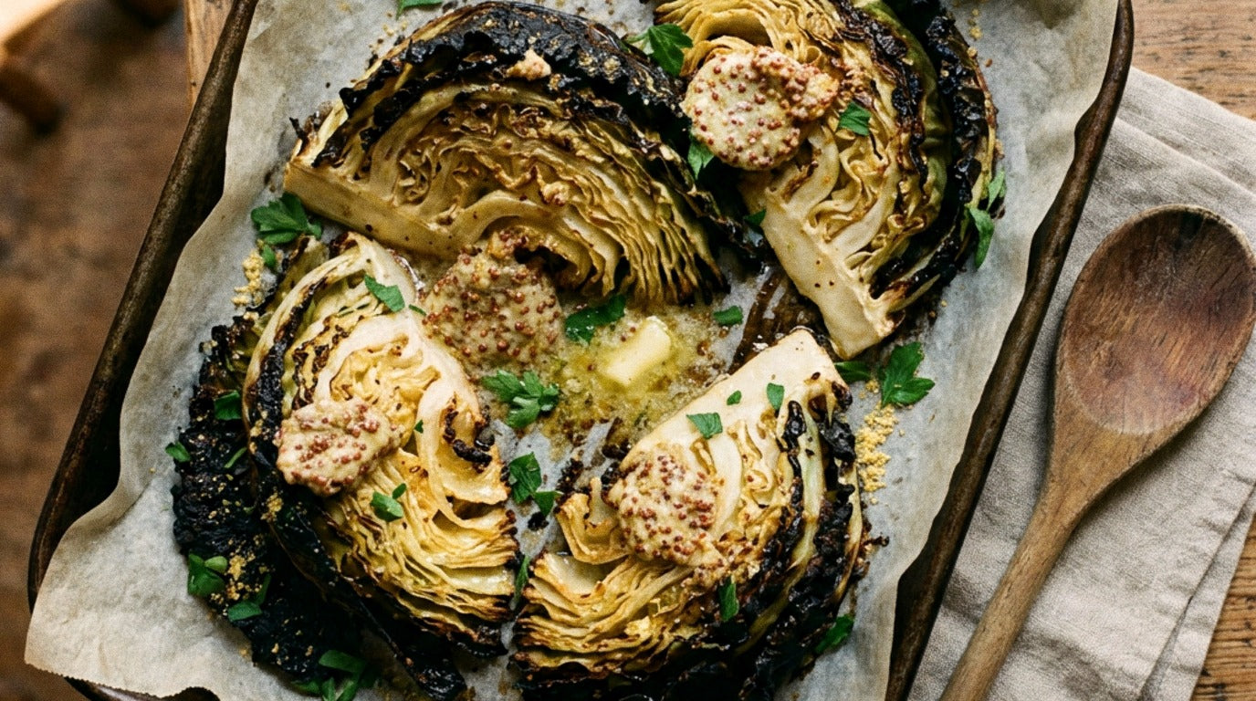 Charred cabbage wedges seasoned with Chooki's Vinegar Chicken Salt topped with melting wholegrain mustard butter on a roasting tray
