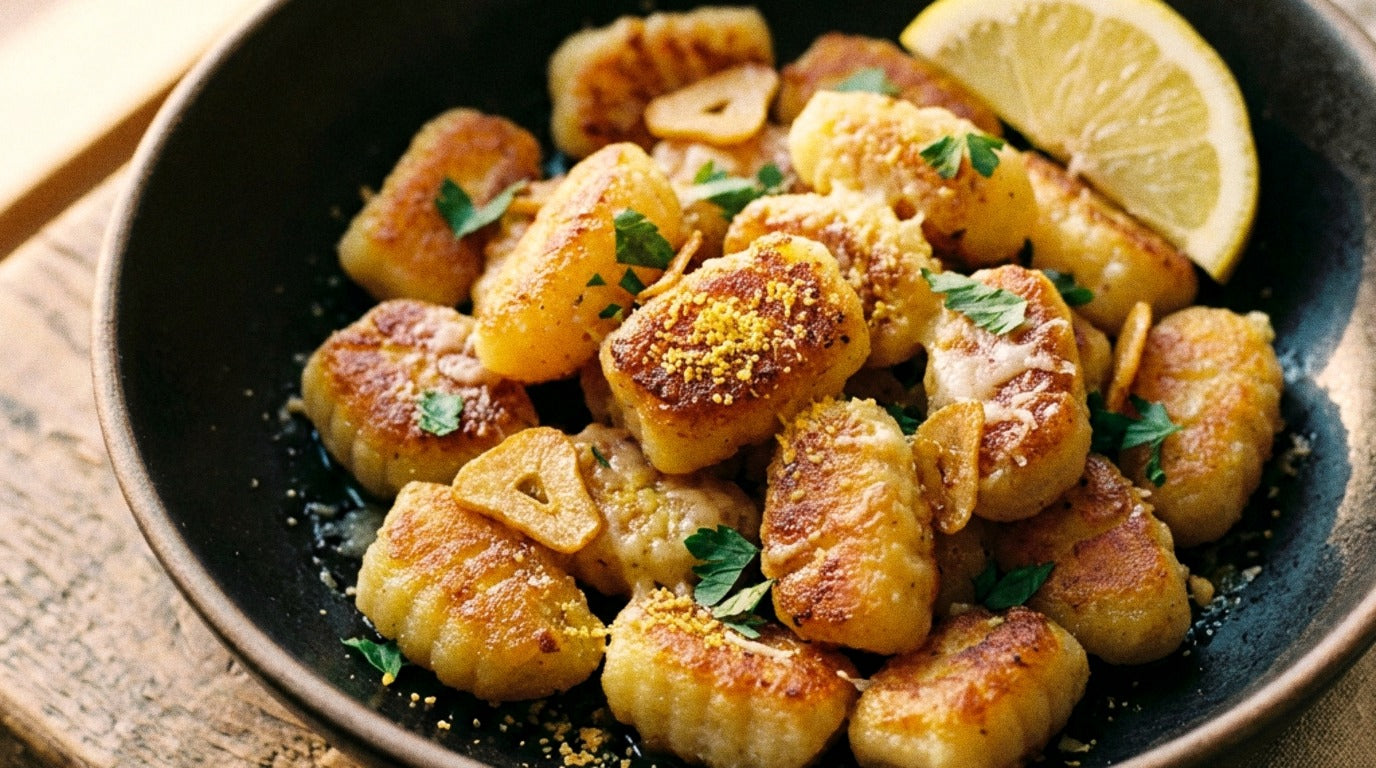 Crispy pan-fried gnocchi tossed in garlic butter and Chooki's Vinegar Chicken Salt in a dark bowl with parsley and a lemon wedge