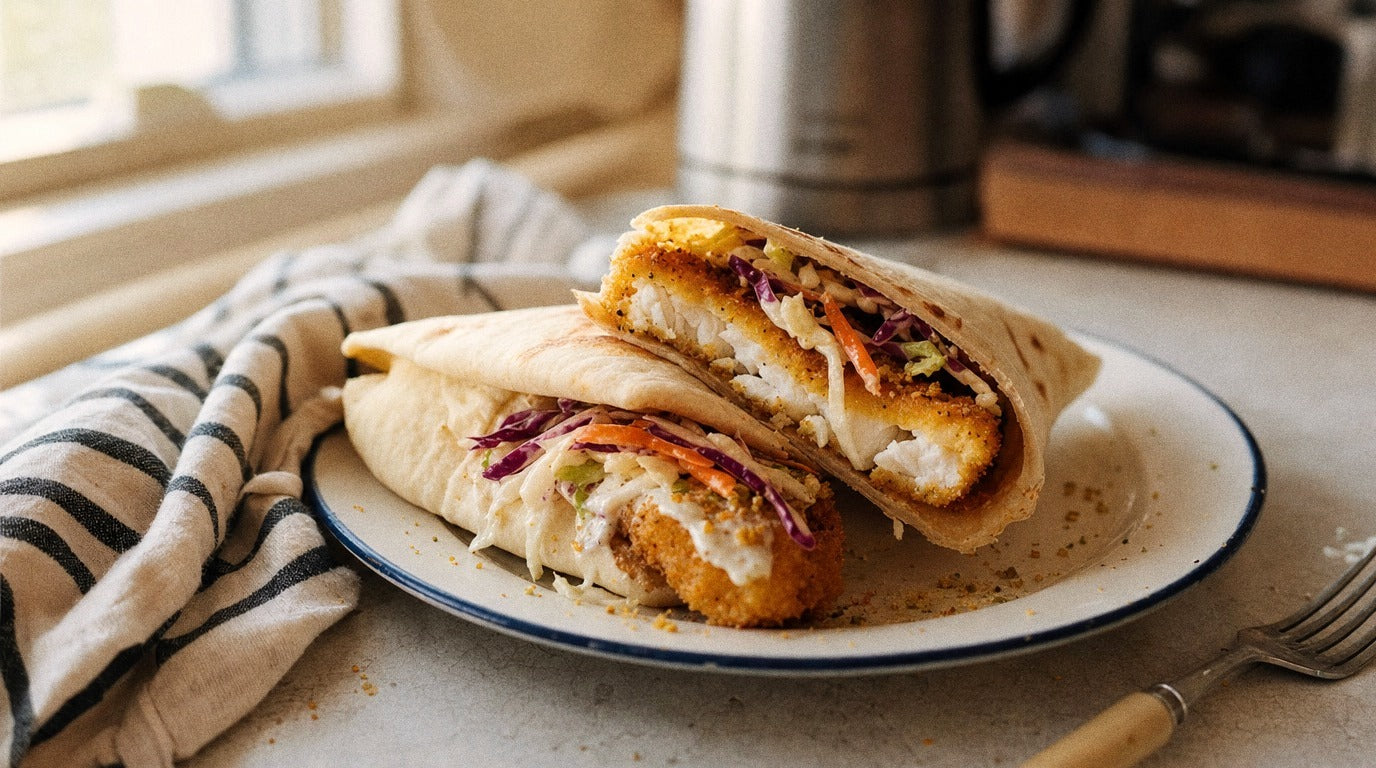 Fish finger wraps with crunchy slaw seasoned with Chooki's Vinegar Chicken Salt
