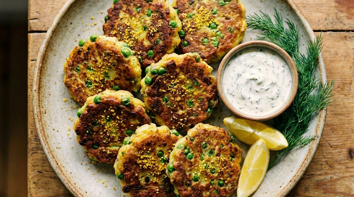 Golden pea fritters seasoned with Chooki's Vinegar Chicken Salt served with dill yoghurt