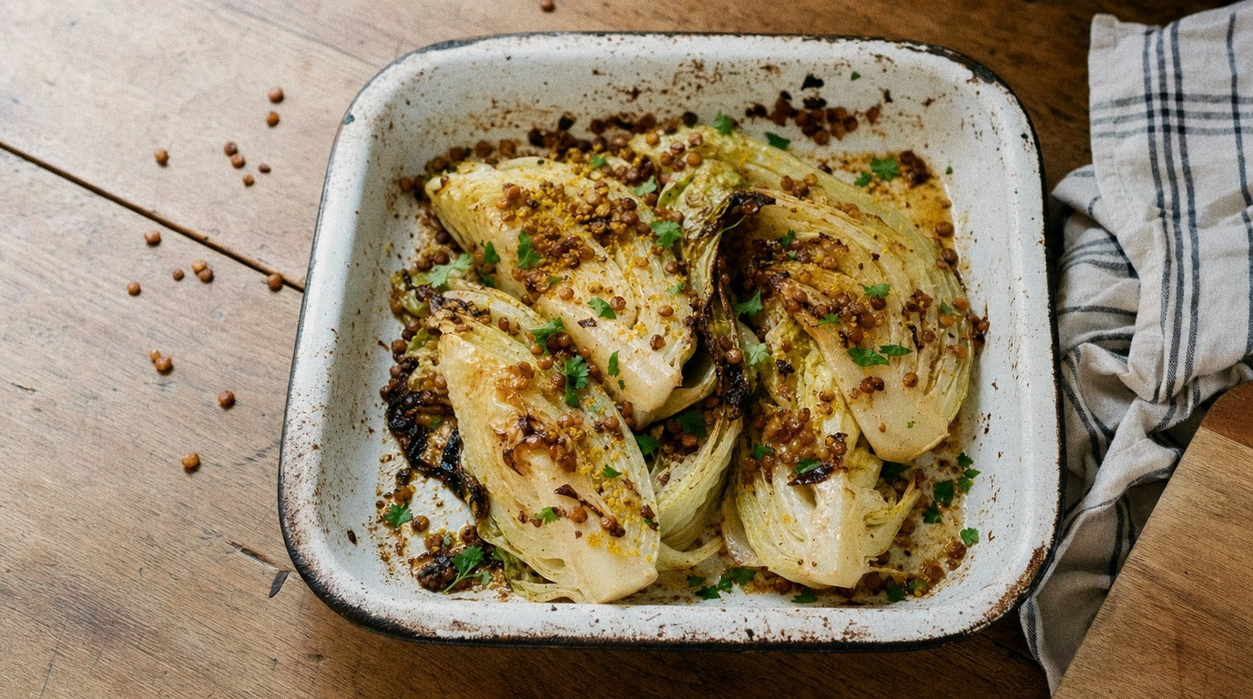 Roasted cabbage wedges with crispy lentils seasoned with Chooki's Vinegar Chicken Salt
