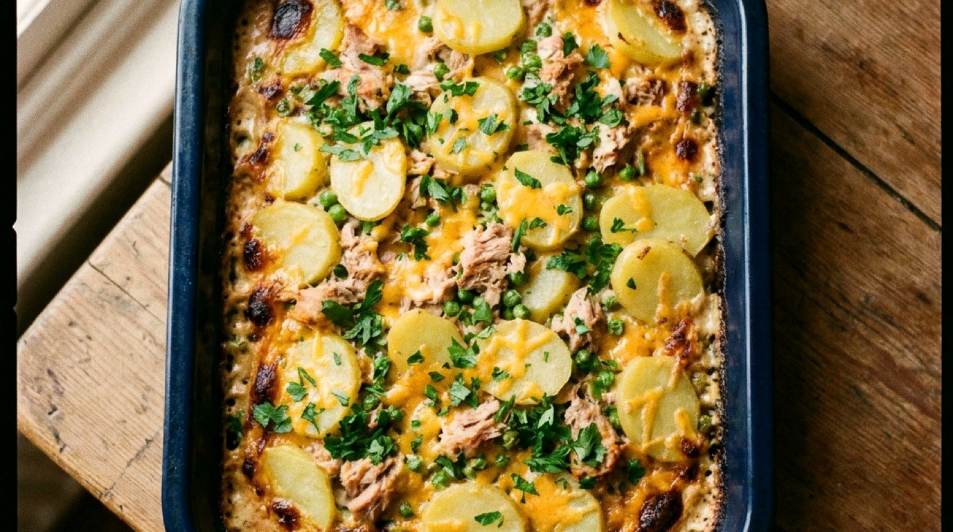 Tuna and potato tray bake seasoned with Chooki's Vinegar Chicken Salt in a dark baking dish