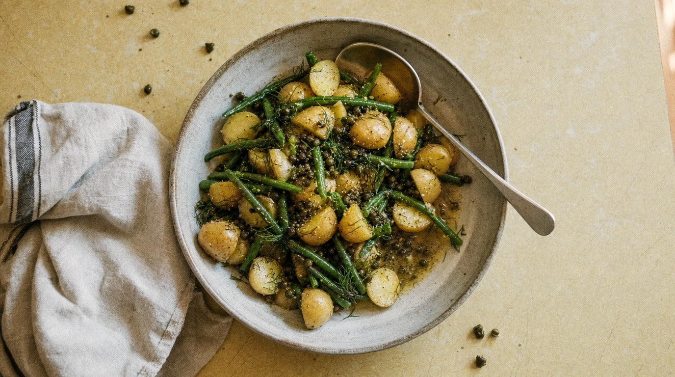 Warm potato salad with green beans, crispy capers and vinegar chicken salt - Chooki's Vinegar Chicken Salt recipe