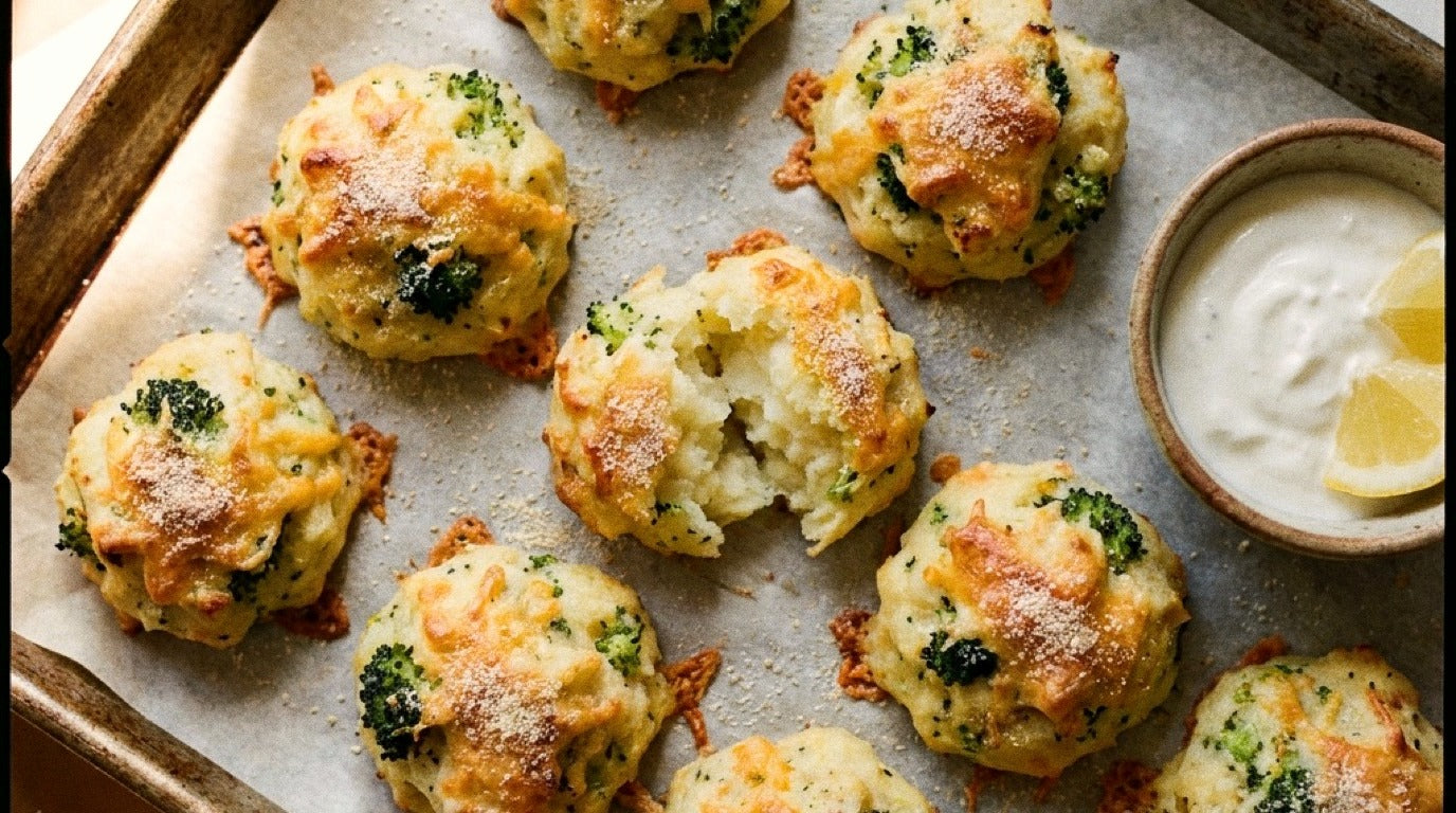 Cheesy broccoli potato puffs seasoned with Chooki's Zest Chicken Salt on a baking tray