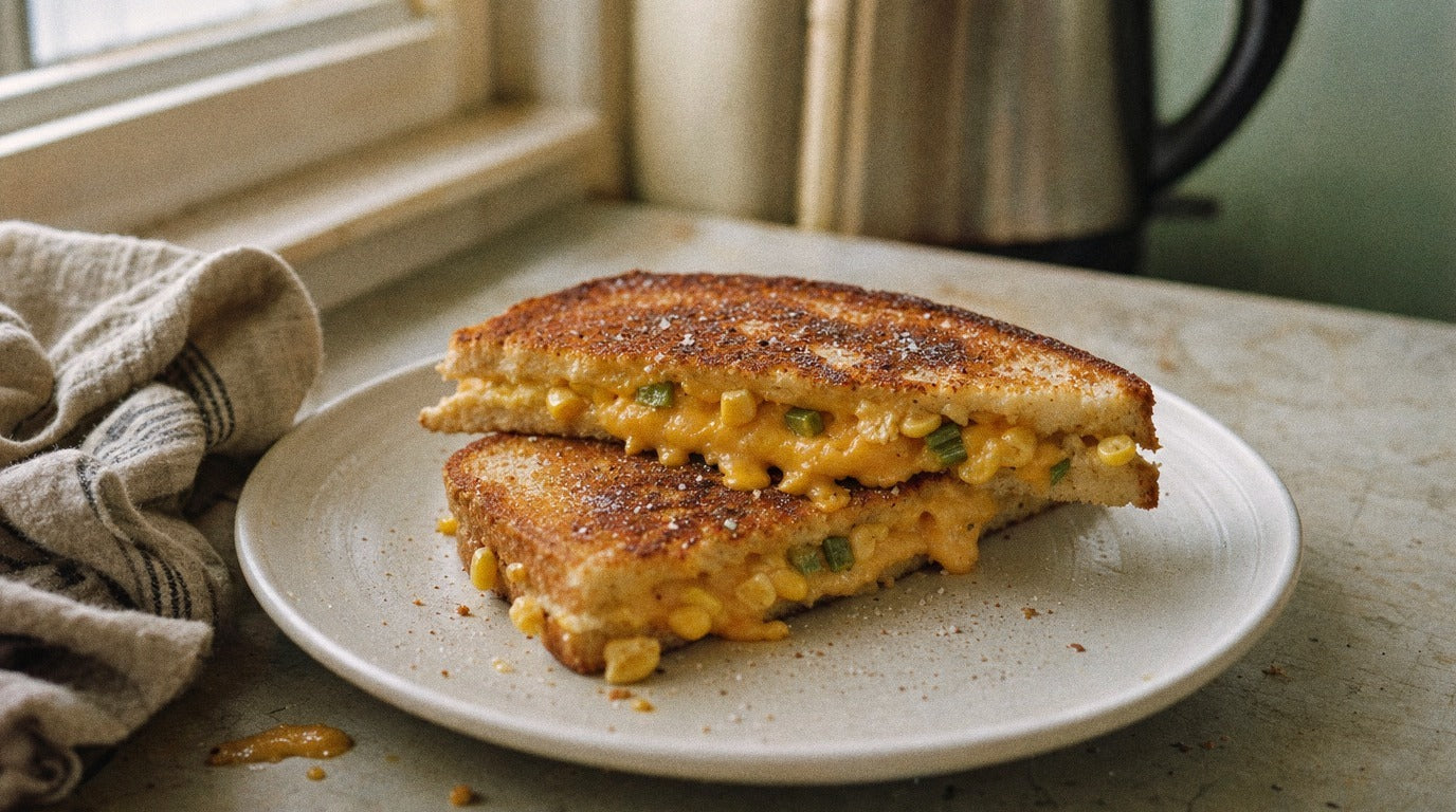 Cheesy corn toasties seasoned with Chooki's Zest Chicken Salt on an off-white plate