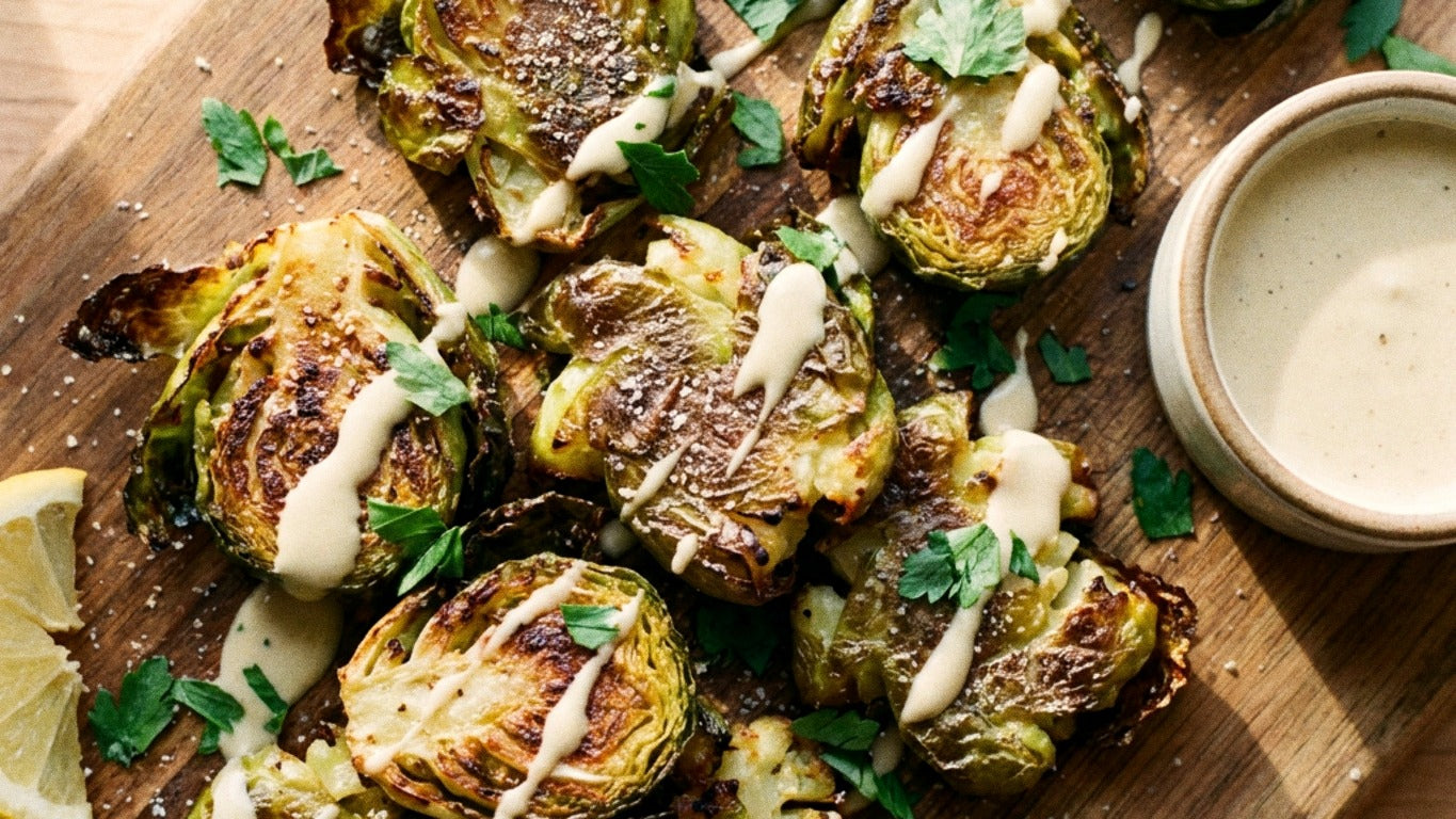 Crispy smashed brussels sprouts with charred edges and lemon tahini drizzle seasoned with Chooki's Zest Chicken Salt on a wooden board