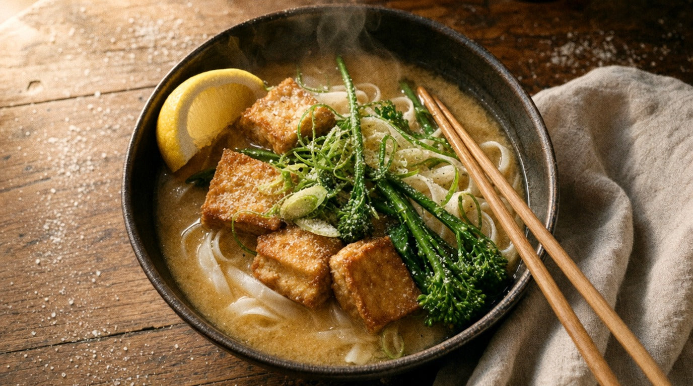 Crispy tofu and rice noodles in miso broth with broccolini, seasoned with Chooki's Zest Chicken Salt