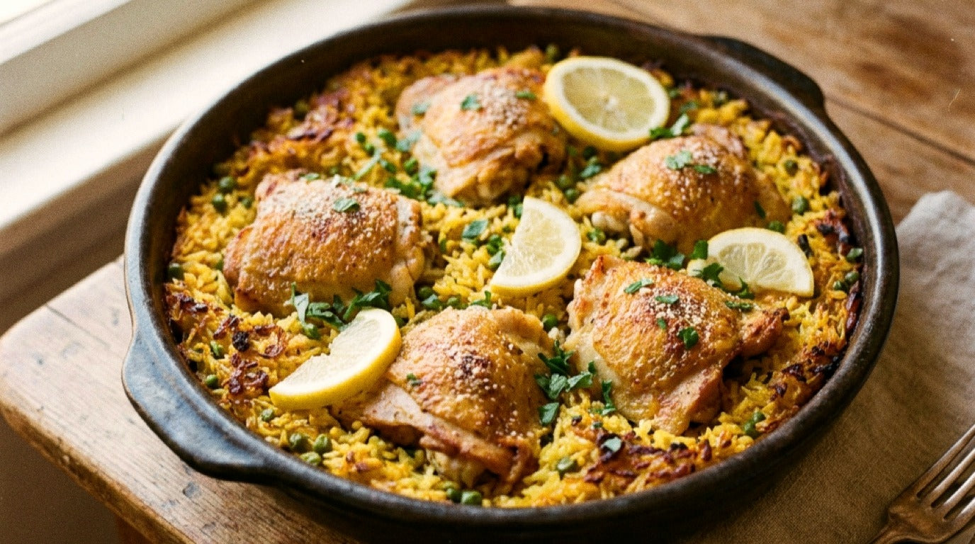 Zest Salt lemon chicken rice bake with peas and lemon wedges seasoned with Chooki's Zest Chicken Salt