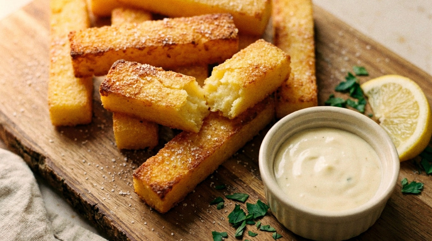 Baked polenta chips seasoned with Chooki's Zest Chicken Salt on a wooden board with lemon garlic aioli