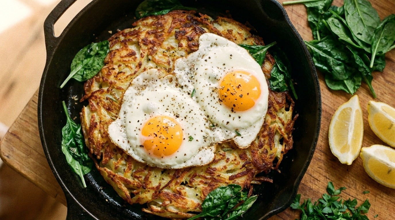 Zest Salt Skillet Rosti with jammy eggs seasoned with Chooki's Zest Chicken Salt