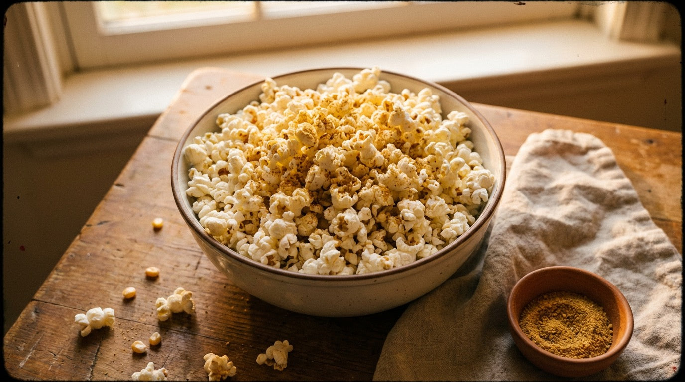 Bowl of popcorn seasoned with Chooki's Zest Chicken Salt
