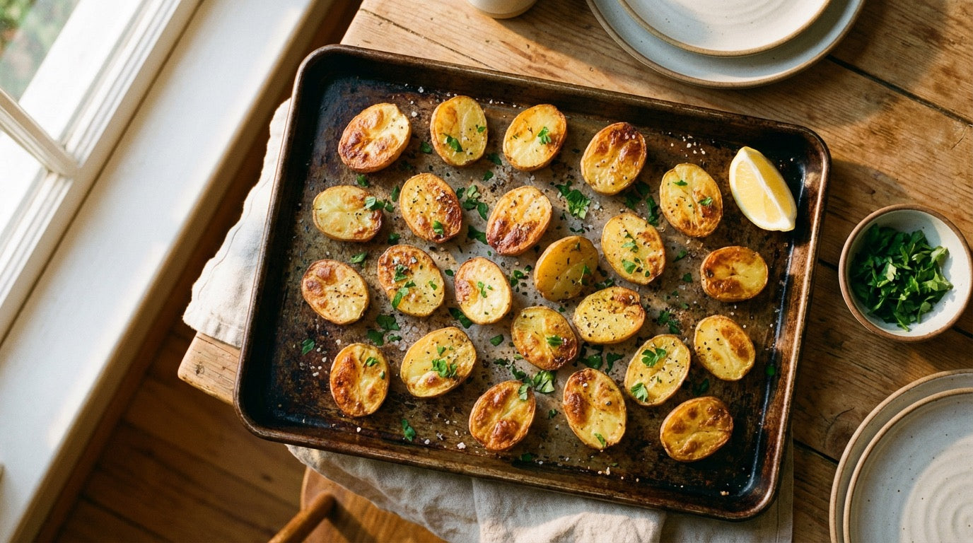 Roasted baby potatoes seasoned with Chooki's Zest Chicken Salt and parsley